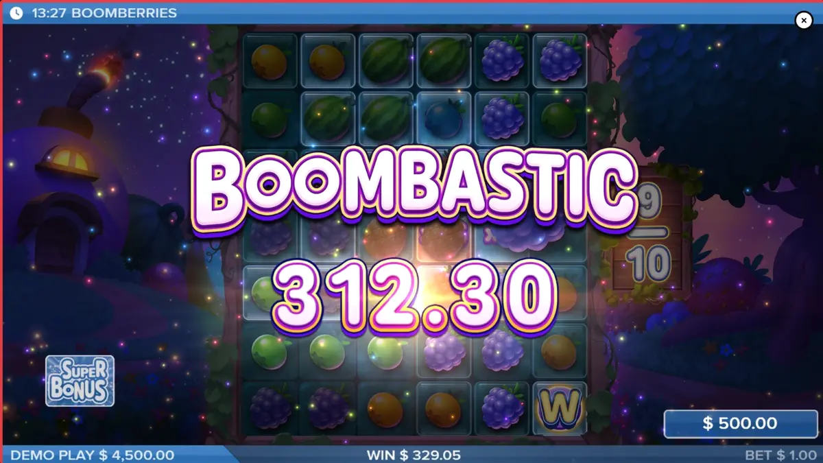 Tampilan visual slot Boomberries dengan tema desa dongeng dan buah-buahan
