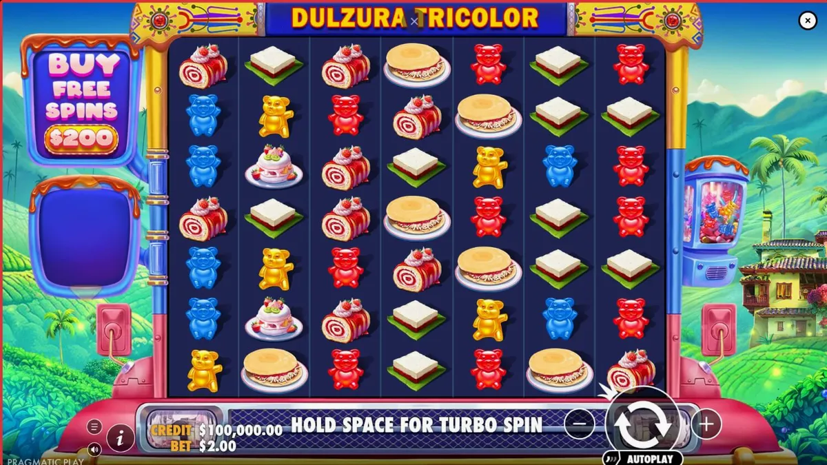 Pemandangan tropis yang cerah dan penuh warna dari slot Dulzura Tricolor