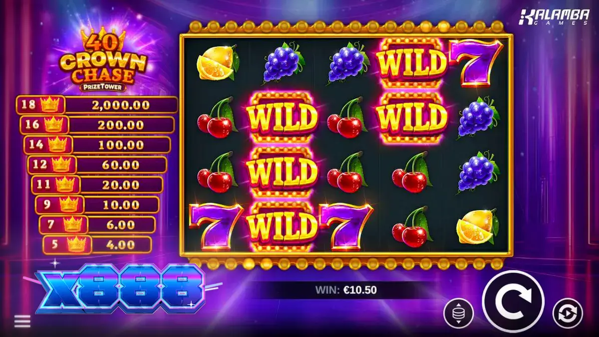 Tampilan antarmuka seluler slot 40 Crown Chase PrizeTower dengan simbol mahkota yang megah